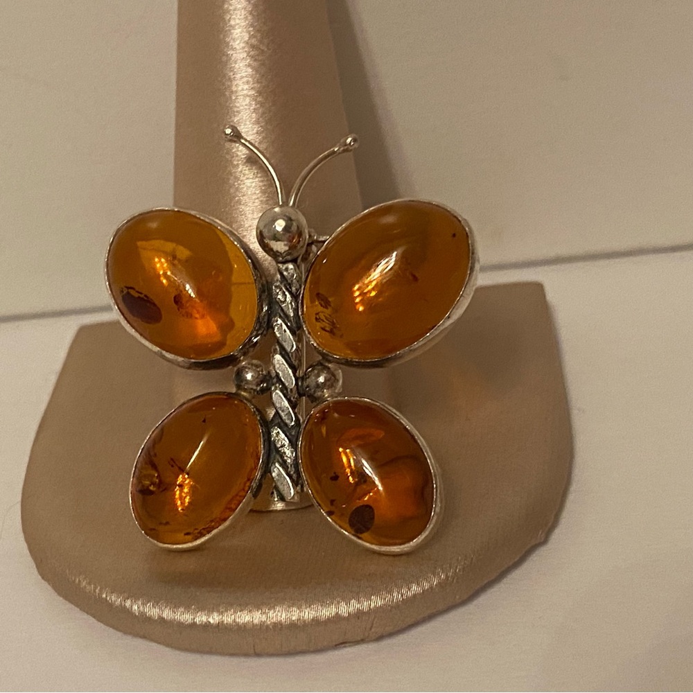 VINTAGE BROOCH PIN STERLING SILVER 925 AMBER 4 STONES YELLOW ORANGE BUTTERFLY